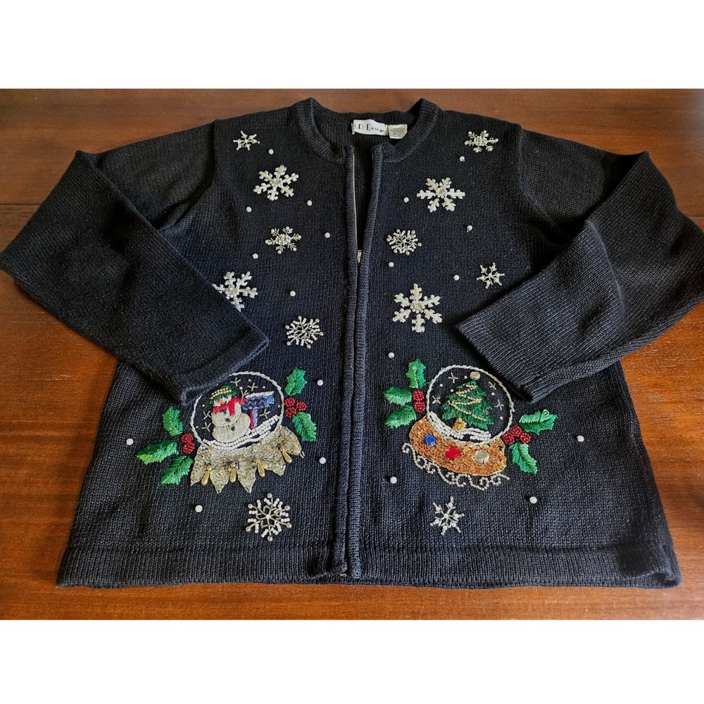 B P Design Christmas Cardigan Women Medium Black Snow Globe Beaded Sequin Zip Up